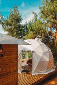 a white tent on a wooden deck with trees at Alma de Campo Glamping - Laguna de Suesca in Suesca