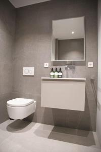 uma casa de banho com um WC, um lavatório e um espelho. em Beautiful Stylish 2BR Apartment in Kirchberg em Luxemburgo
