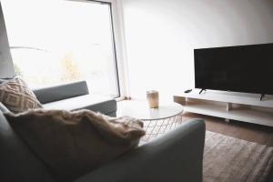 a living room with a couch and a television at Beautiful Stylish 2BR Apartment in Kirchberg in Luxembourg
