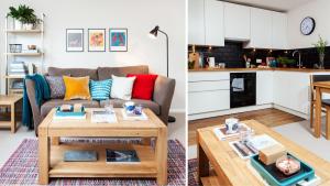 a living room and kitchen with a couch and a coffee table at St. Peter's Close in London