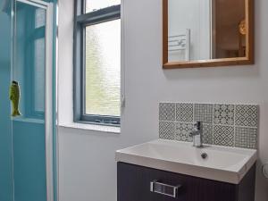 a bathroom with a sink and a mirror at Cwtch Wrth Plas - Uk45619 in Tal-gareg