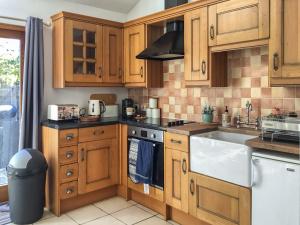 a kitchen with wooden cabinets and a sink at Railway Cottage in Bishops Castle