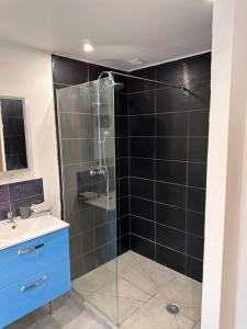 a bathroom with a glass shower and a sink at Appart T2 Confort près de Disney in Monthyon