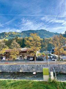 a town with a river and buildings and trees at Central Kitz Apartments in Kitzbühel