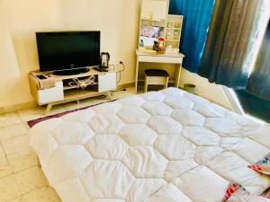 a bedroom with a large white bed and a tv at GREEN HOUSE in Al Ain