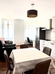 uma cozinha com uma mesa com cadeiras e um frigorífico em Appartamento centro storico Pordenone em Pordenone