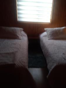 two beds in a room with a window at Cabaña carmencita in Puerto Puyuhuapi