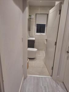 a bathroom with a white toilet and a sink at Budget Single room only for one adult in Northolt