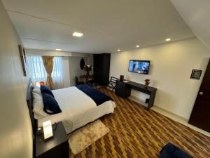 Habitación de hotel con cama y TV de pantalla plana. en Hotel Los Andes, en Ipiales
