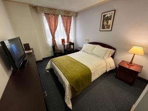 Habitación de hotel con cama y TV de pantalla plana. en Hotel Los Andes, en Ipiales