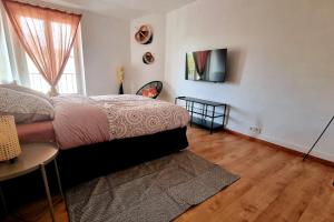 ein Schlafzimmer mit einem Bett und einem TV an der Wand in der Unterkunft Maison spacieuse à 35' Paris - 20' Versailles in Rambouillet