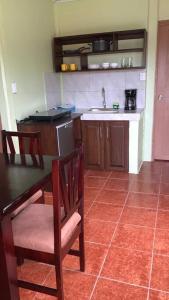 a kitchen with a table and chairs and a sink at Villa Perezoso in Talamanca