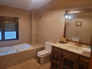 uma casa de banho com uma banheira, um WC e um lavatório. em Casa Rural La Vid em Cadalso de los Vidrios