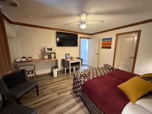 Schlafzimmer mit einem Bett, einem Schreibtisch und einem TV in der Unterkunft Brooklyn Motel in Brooklyn