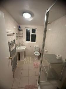 een badkamer met een douche, een toilet en een wastafel bij Sweet dream 1 in Londen