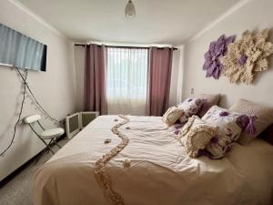 a bedroom with a large bed with pillows at Espectacular Depto en Pucon 5 Estrellas in Pucón