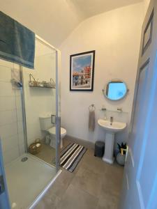 ein Bad mit einer Dusche und einem Waschbecken in der Unterkunft Sanctuary Lodge in Cork
