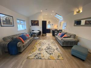 a living room with two couches and a rug at Sanctuary Lodge in Cork