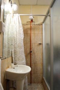 uma pequena casa de banho com um lavatório e um chuveiro em Ave del Paraiso Guest House em Antigua Guatemala