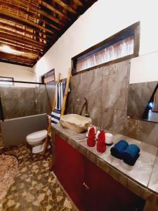 JEJU Cottages في كوتا لومبوك: حمام مع مرحاض ومغسلة مع وسائد حمراء وزرقاء