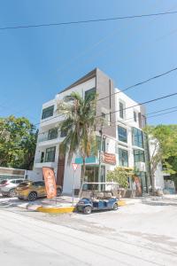 莫雷洛斯港的住宿－CondoHotel Piedra del Caribe，一座高大的白色建筑,前面有一棵棕榈树