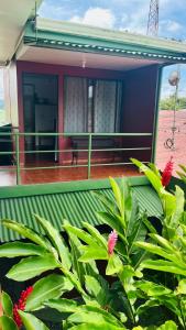a house with a balcony with plants in front of it at Hostal Nuevo Arenal downtown, private rooms with bathroom in Nuevo Arenal