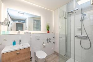 a bathroom with a shower and a toilet and a sink at Nr 17 Penthouse Meerblick in Schönhagen +5 photos