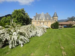 un vieux château avec un arbre à fleurs devant lui dans l'établissement Chateau d'Urbilhac, à Lamastre