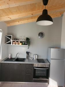 a kitchen with a sink and a refrigerator at Apartments by the sea Trpanj, Peljesac - 16004 in Trpanj