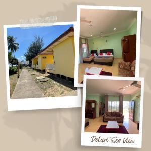eine Collage mit Fotos von einem Wohnzimmer und einem Haus in der Unterkunft PCB BEACH RESORT in Kota Bharu