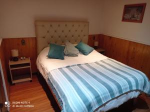 a bedroom with a large bed with blue and white sheets at Hospedaje Cabaña y Restaurante Don Niba in Villa Cerro Castillo