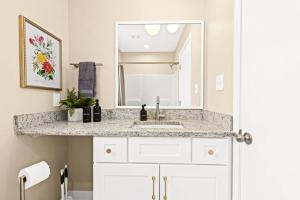 a bathroom with a sink and a mirror at Newly Renovated Flat near Downtown Roseville in Roseville +16 photos