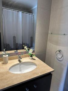 a bathroom with a sink and a shower at Cómodo departamento 1D+1B in Los Ángeles