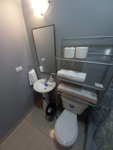 bagno con servizi igienici, lavandino e specchio di Palmerola Inn a Comayagua
