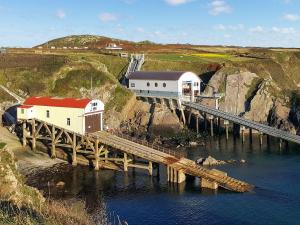 a train on a bridge over a body of water at Rhosson Chapel Cottage in St. Davids