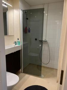 a bathroom with a shower and a toilet and a sink at Apartment Malmö in Vaasa