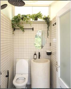 a bathroom with a toilet and a sink with plants at Over Easy Glamping Site in Bandung