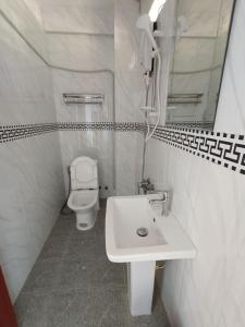 ロン島にあるRoomy Guesthouseの白いバスルーム(洗面台、トイレ付)