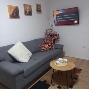 a living room with a gray couch and a table at Regis Apartment in Tirana