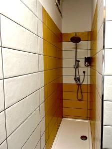 a bathroom with a shower with colorful tiles at B&B Donna Francé in Corbara