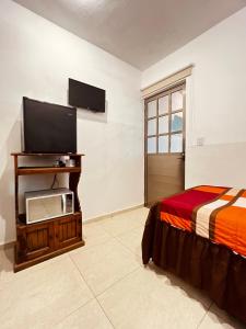 een slaapkamer met een bed en een flatscreen-tv bij Habitación independiente al Norte de Mérida in Mérida