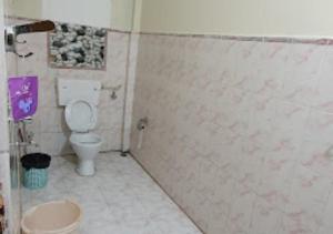 a bathroom with a toilet and a tiled wall at Hotel Mandal Ghang Arunachal Pradesh in Bhalukpung