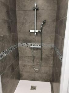 a shower with a shower head in a bathroom at Logement-Barry entre Tarbes et Lourdes 