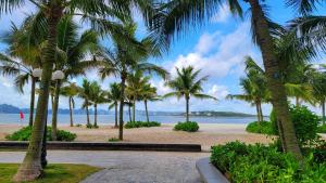 a row of palm trees on the beach at A la Carte Ha Long Residences Căn hộ 5 stars cạnh biển in Ha Long