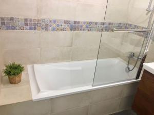 a white bath tub with a glass shower door at Beautiful Studio at Geneva airport Ferney Voltaire in Ferney-Voltaire