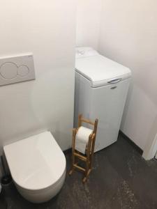 a bathroom with a toilet and a sink and a chair at Beautiful Studio at Geneva airport Ferney Voltaire in Ferney-Voltaire