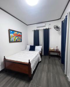 um quarto com uma cama com cortinas azuis em Charlotte's Vacation Home Busuanga Palawan 