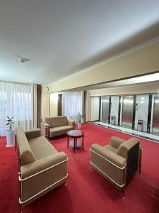 uma sala de estar com sofás e um tapete vermelho em BUKHARA GRAND HOTEL em Bukhara