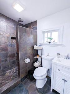 a bathroom with a toilet and a shower and a sink at Casita Hosum: Modern WFH Garden Suite w/ Gazebo Outdoor Kitchen & BBQ in San Jose