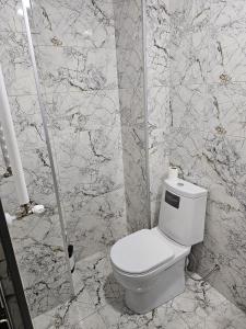 a white toilet in a bathroom with marble walls at RUSO'S APARTMENT in Kobuleti